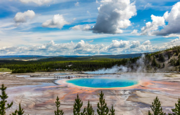 An aerial view of Old Faithful geyser at Yellowstone National Park not erupting.